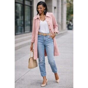 CAbi Take 5 Topper Coat Jacket Small Pink Peach Ponte Knit Gold Buttons Pockets